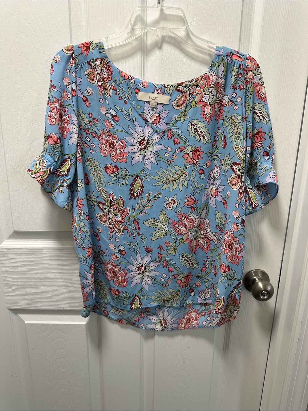 LOFT Sky Blue Floral Flutter-Sleeve Top - Picture 2 of 4